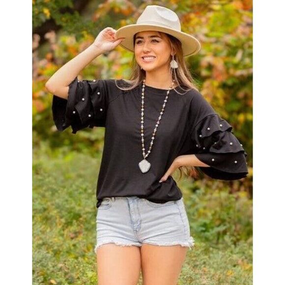 Tops - Sunshine‎ & Rodeo Black Top Tiered Sleeves Pearls XL Whimsigoth